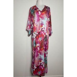 Natori Cruz Kaftan Maxi Dress Medium Floral Leopard Print Kimono Sleeve Gown